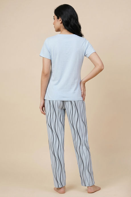 Zivame Wavy Stripes Knit Cotton Pyjama Set - Ice Water — image 2